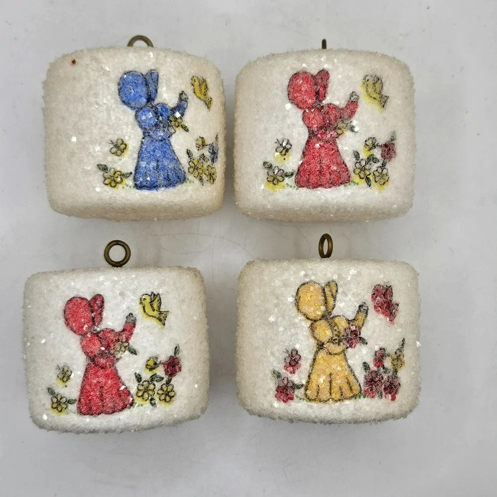 Vintage Rauch Pyramid Glitter Sun Bonnet Girl Christmas Ornaments Set of 4